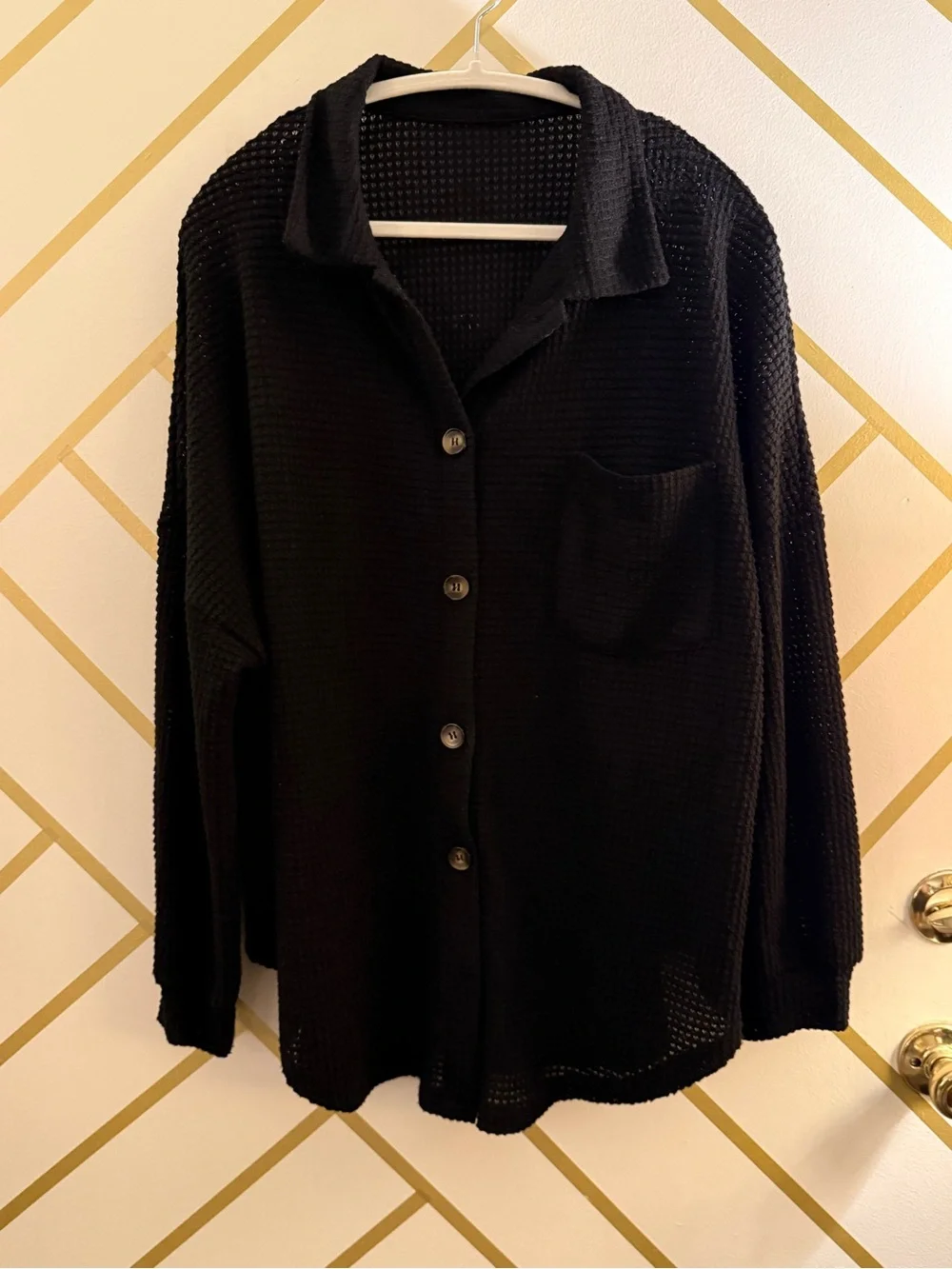 Black Button-Front Waffle Knit Shacket